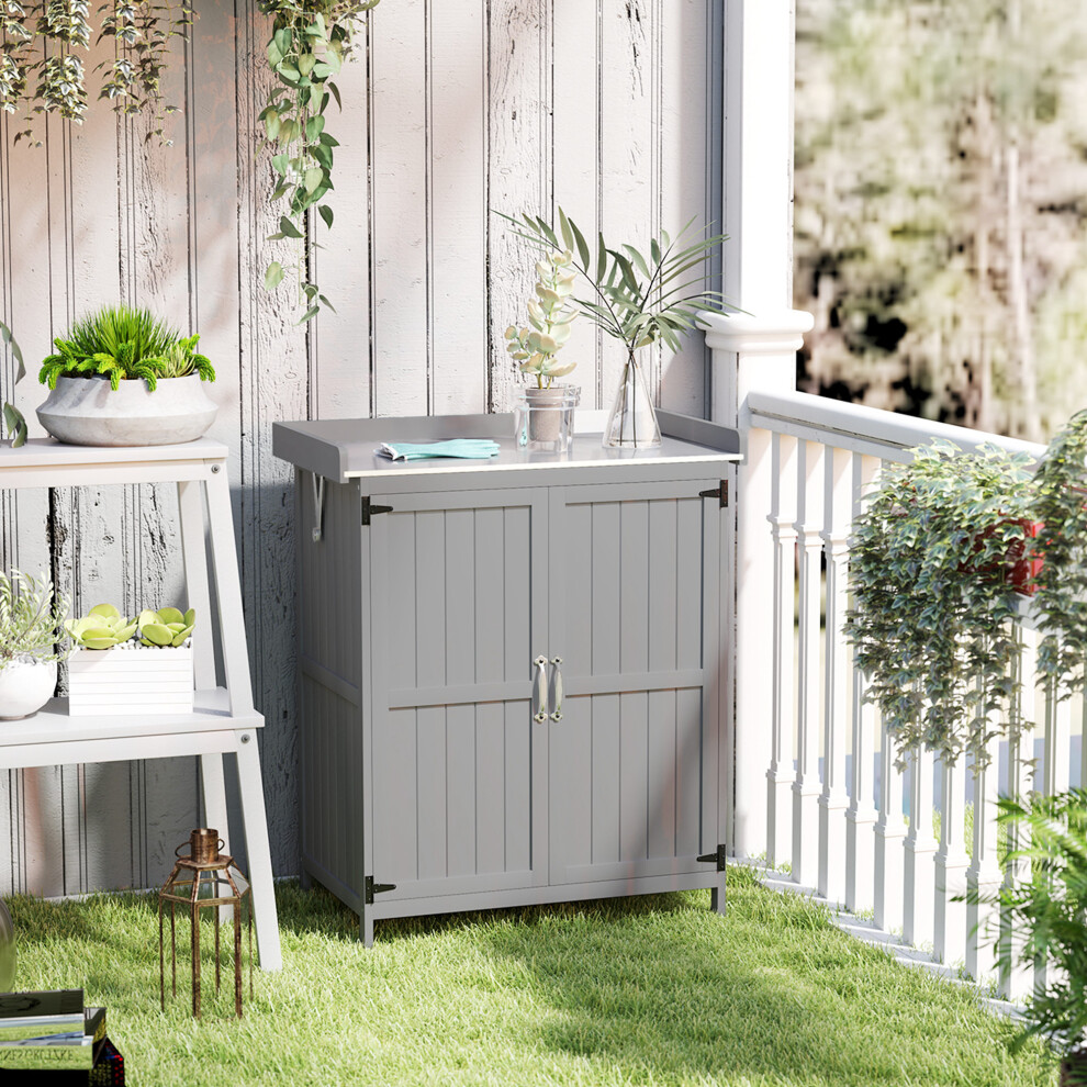 Outsunny Wooden Garden Storage Shed w/Hinged Roof and Shelf, Grey