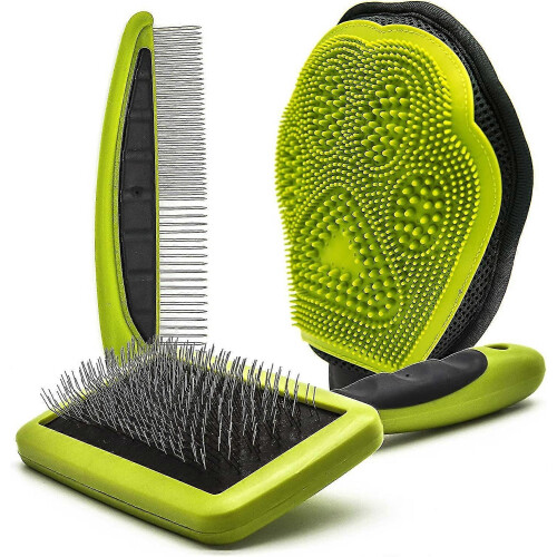 (As show, One size) 3 pack pet grooming gloves, brushes