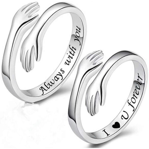 (always wifh you, One size) 925 Sterling Silver Hug Rings For Women I Love You Forever Hug Ring Adjustable Band Jewelry Gift For Teen Girls Couples Hugging Hand Rings Silver Plat