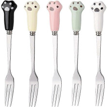 (As show, One size) 6pcs set ceramic handle stainless steel fruit fork creative cute fruit dessert fork cat claw cake fork eat fruit small fork dessert fork salad fork be