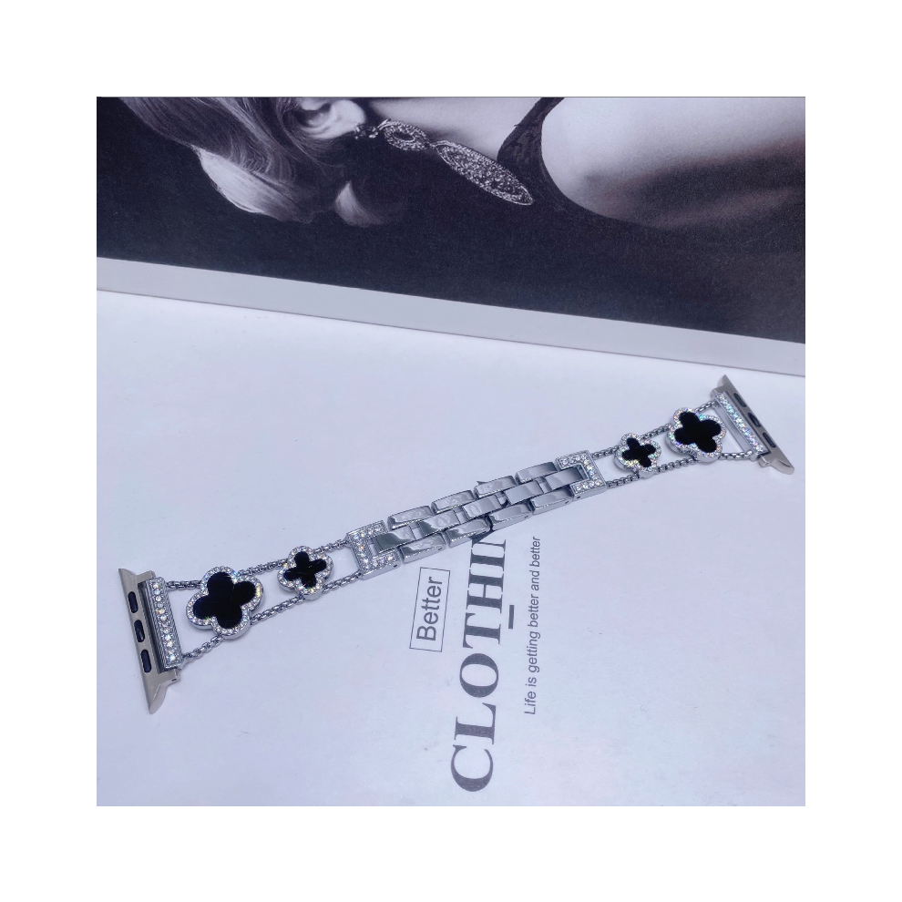 (Silver+Black, Versa2) For Fibit Versa 2/3/4 Fashionable Diamond Inlaid Four-Leaf Clover Metal Watch Strap-image-OPC-PG5FS9F-NEW