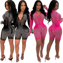 (S, Pink) Women's Hot Diamond Mesh Sexy Long sleeved Jumpsuit