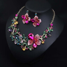 (Multicolor, One size) Flower Necklace Earring Set Crystal Gem Jewelry Dress Bridal Party Girl Accessories