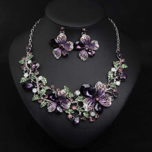 (Purple, One size) Flower Necklace Earring Set Crystal Gem Jewelry Dress Bridal Party Girl Accessories