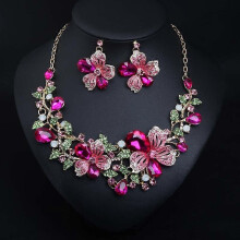 (Pink, One size) Flower Necklace Earring Set Crystal Gem Jewelry Dress Bridal Party Girl Accessories