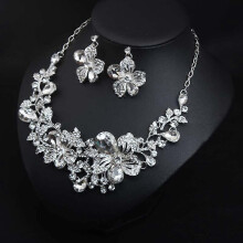 (white, One size) Flower Necklace Earring Set Crystal Gem Jewelry Dress Bridal Party Girl Accessories