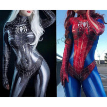 (S 160, B NO open crotch) Spiderman Cosplay Woman Sexy Zentai Suit Spandex Bodysuit Superhero Costume Halloween Carnival Party Fancy Dress Jumpsuit