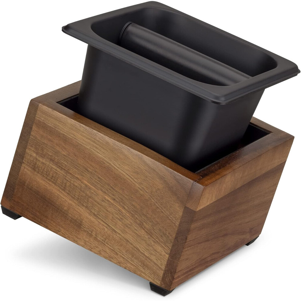 (Brown / Black) Coffee Knock Box - Stainless Steel and Wood Bin for Espresso Machine Coffee Grounds - With Silicone Bar for Knocking Filter Grinds - Black