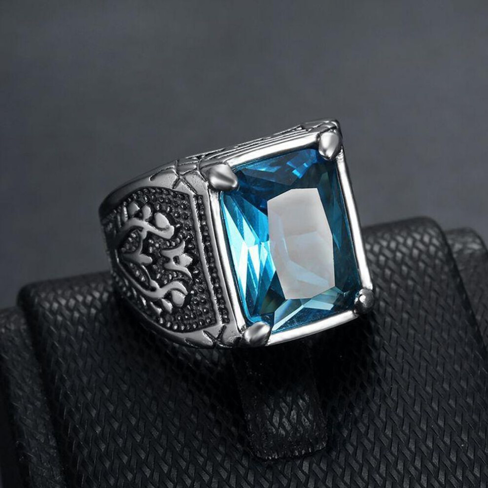 (blue, 8) Hip Hop Punk Vintage Ring For Men 316 Stainless Steel With Multicoloured Stones Tulip Motif Jewellery Men&apos;s Party Ring