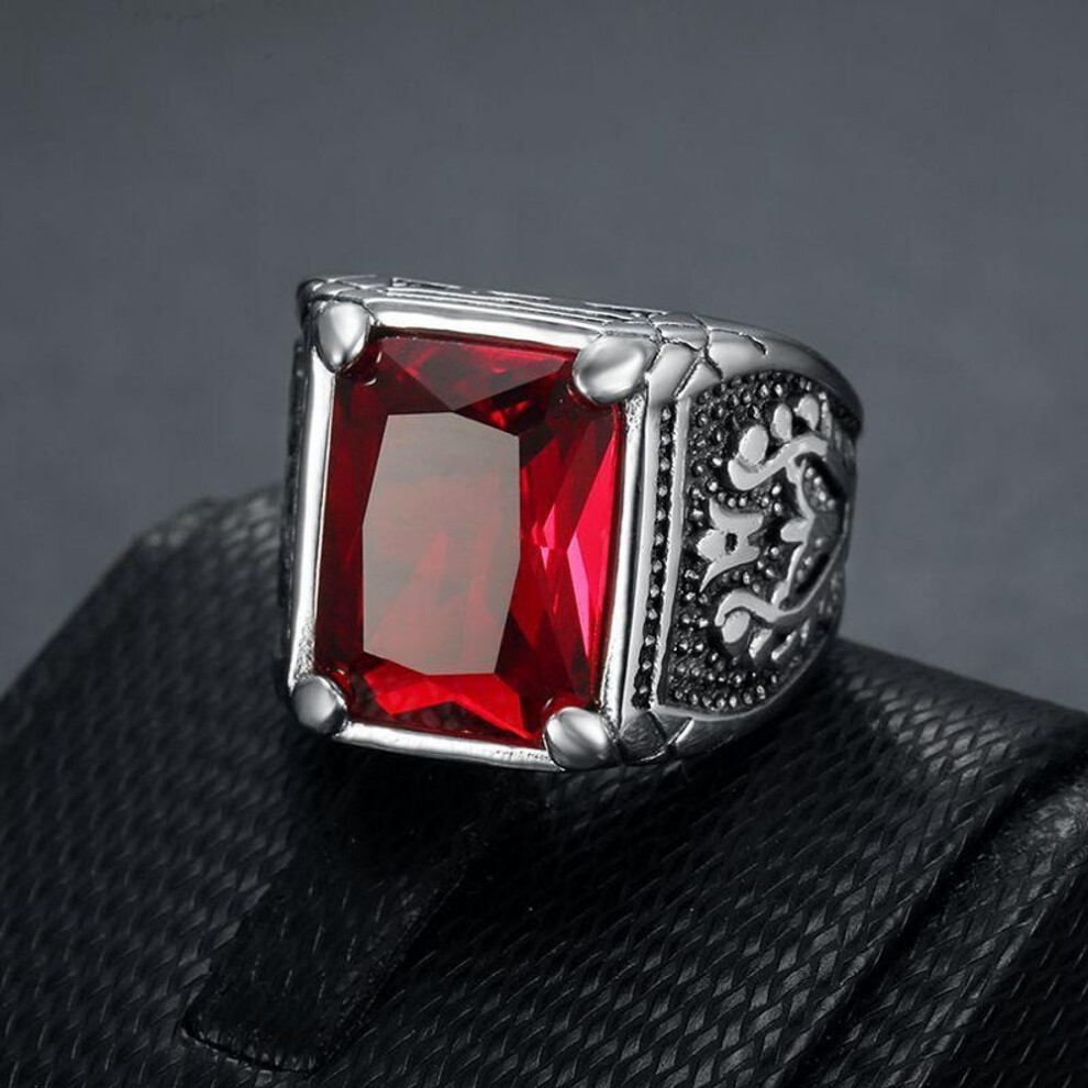 (red, 8) Hip Hop Punk Vintage Ring For Men 316 Stainless Steel With Multicoloured Stones Tulip Motif Jewellery Men&apos;s Party Ring