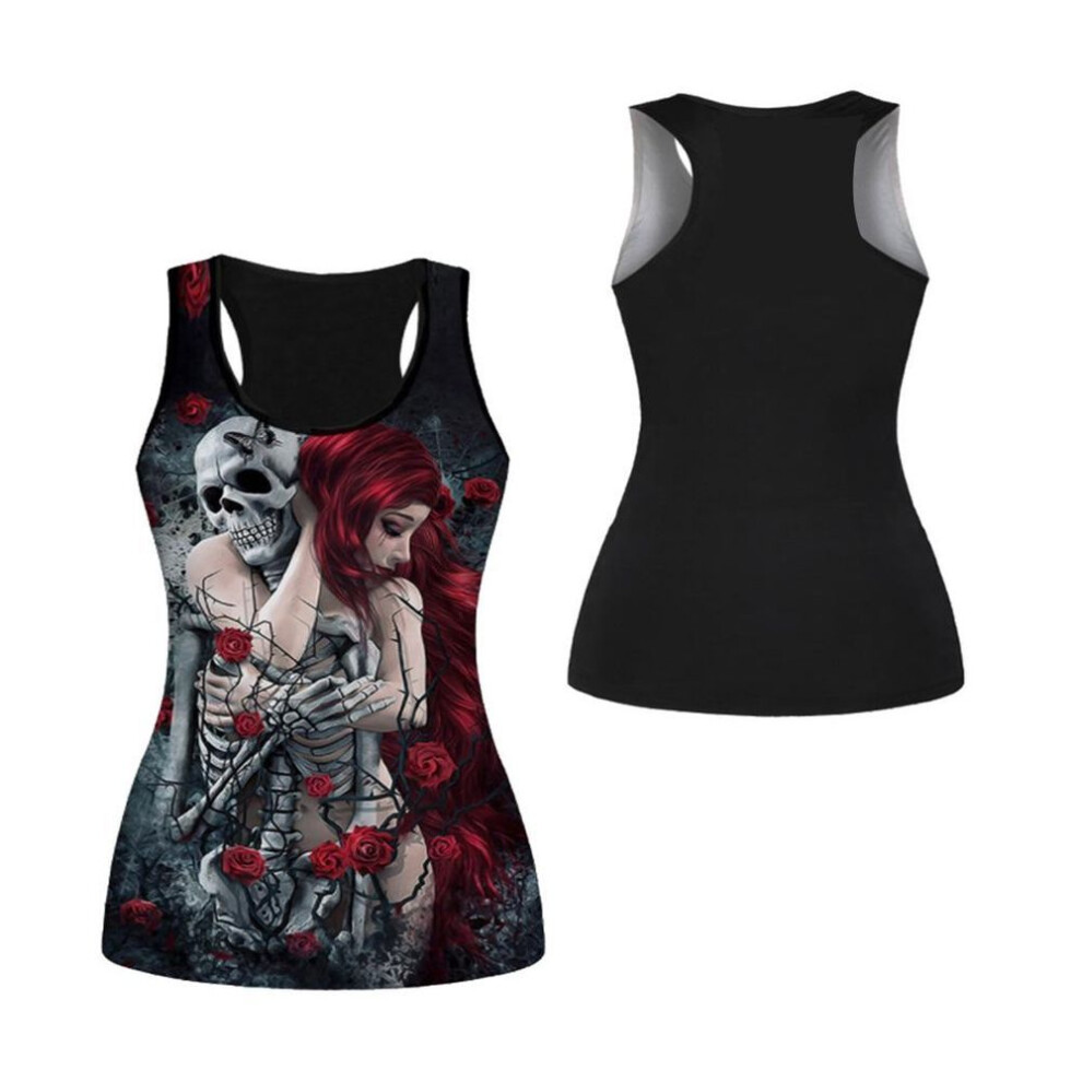 (black, 4XL) Usa Size Women Yoga Tank Top Skull Girl Hug 3D Print Fitness Sports Sleeveless Sweater Sexy Gothic Hollow Out Running Vest