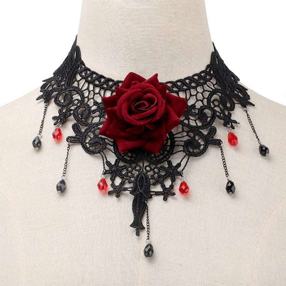 Vintage Flower Charm Pendant Choker Necklace For Women Gothic Lace Tassel
