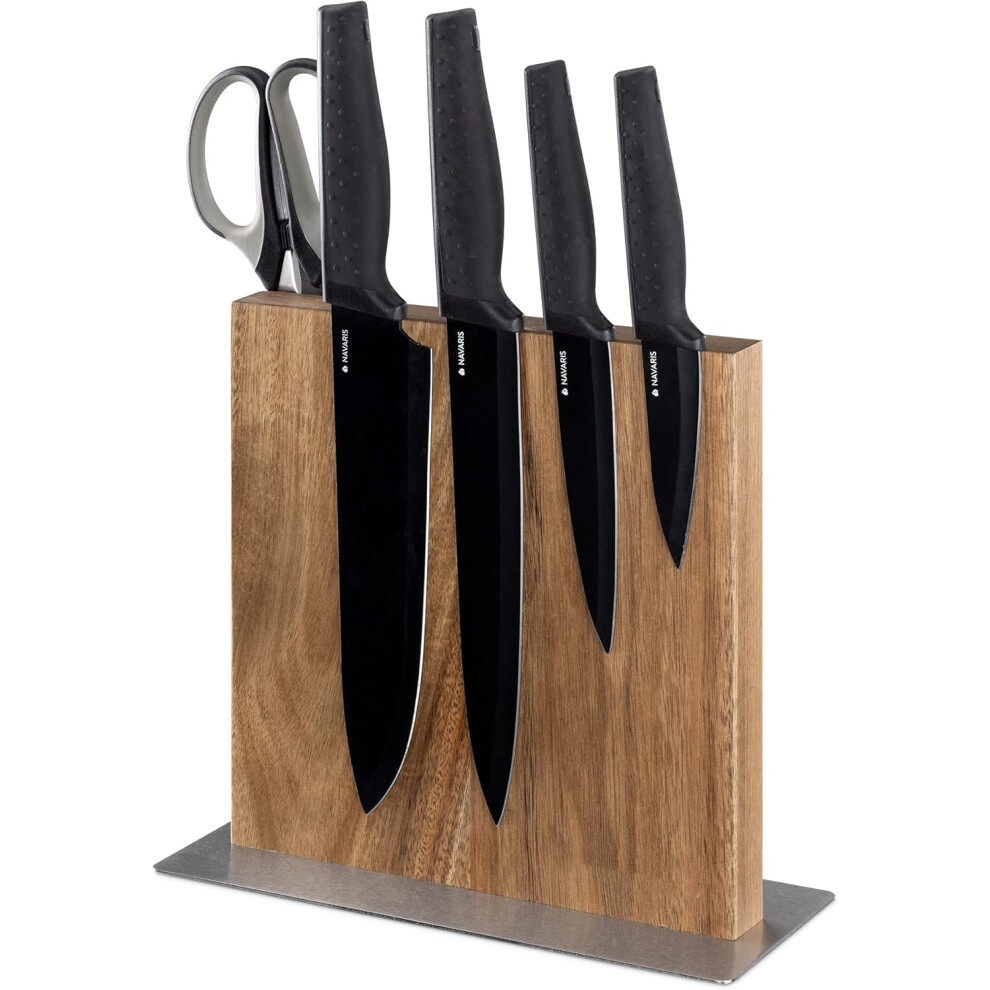 (Acacia) Double Sided Wooden Magnetic Knife Holder - Universal Wood Magnetic Block for Knives, Scissors, Kitchen Cutlery - Acacia, 22.5 x 22 cm