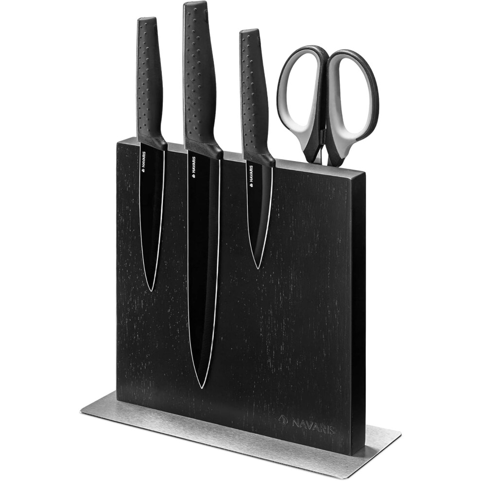 Double Sided Wooden Magnetic Knife Holder - Universal Wood Magnetic Block for Knives, Scissors, Kitchen Cutlery - Rubber Wood, Black