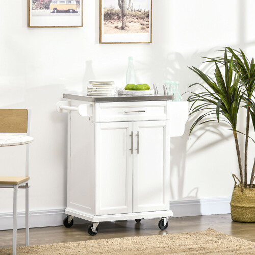 HOMCOM Rolling Kitchen Cart Storage Trolley with Drawer Towel Rail Steel White