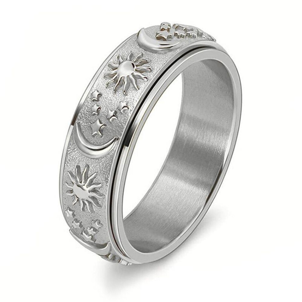 (silver, 11) Star Moon Sun Rotating Titanium Steel Ring Unisex Bohemian Relief Anxiety Jewelry Accessories