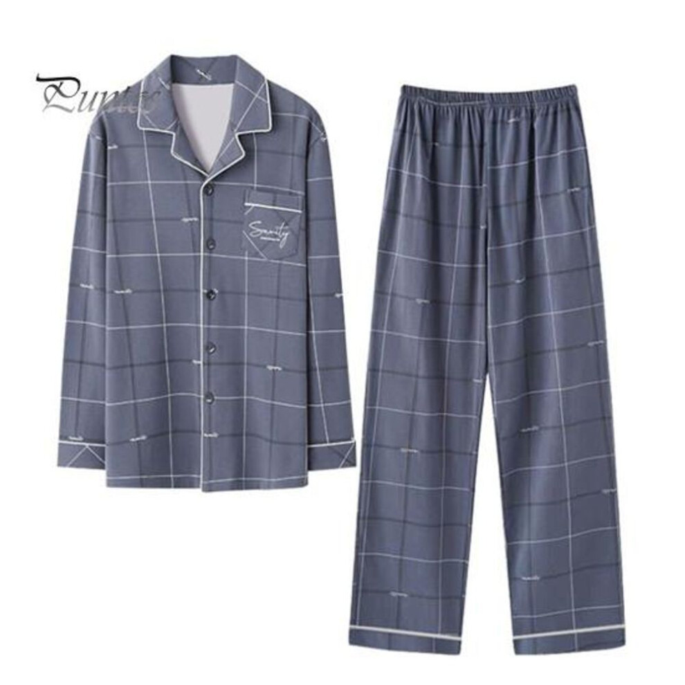 (blue, 2XL) 2pcs/set Men Pajama Set Plaid Print Lapel Long Sleeve Single Breasted Shirt Tops Elastic Waist Long Pants Set