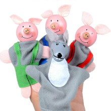 (Pig, One size) 4pcs/set Kids Finger Puppets Doll Plush Toys Little Red Riding Hood Wooden Headed Multi-color Optional