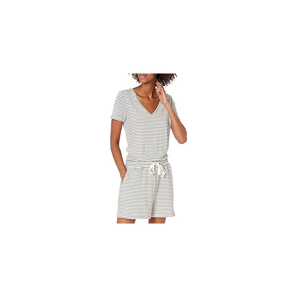 Amazon Essentials Women's Supersoft Terry Short-Sleeve V-Neck Romper (Previously Daily Ritual)  White/Black  Stripe  Medium