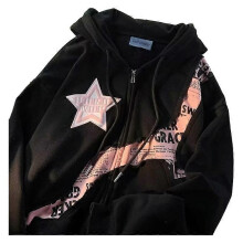 (S, Black) Star Pattern Zipper Hoodie Casual Long Sleeve Drawstring Hoodie Women's