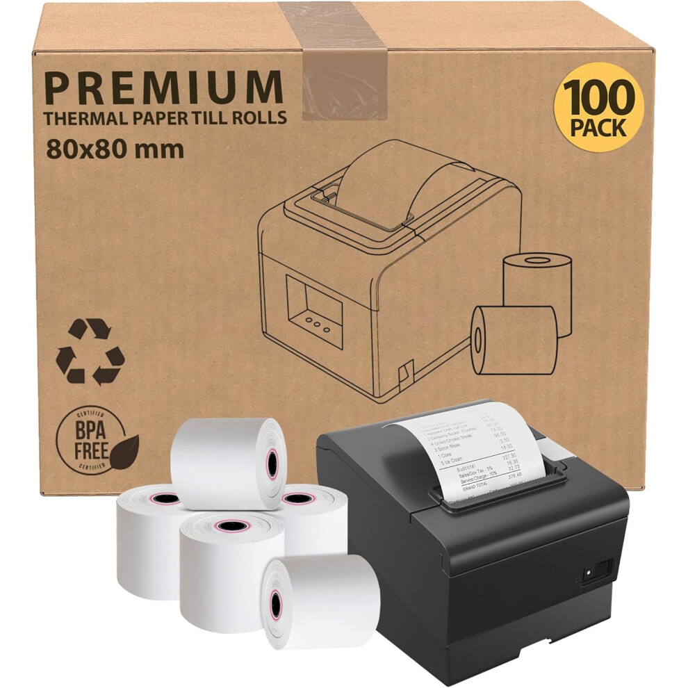 (100) 80 x 80mm thermal till rolls extra paper Smudge Free Till Rolls for PDQ Machines