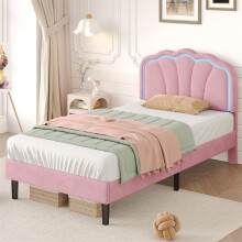 (90x190, Pink ) Upholstered Bed with LED Shell Shape Headboard