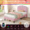 (90x190, Pink ) Upholstered Bed with LED Shell Shape Headboard 5