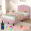 (90x190, Pink ) Upholstered Bed with LED Shell Shape Headboard 7