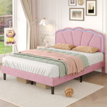 (135x190, Pink ) Upholstered Bed with LED Shell Shape Headboard