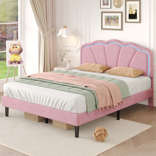 (135x190, Pink ) Upholstered Bed with LED Shell Shape Headboard