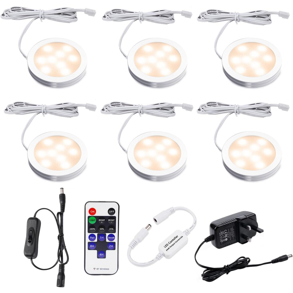 (Warm White) Under Cabinet Lighting Kit Dimmable with Wireless RF Remote,UK Plug,6 Pack Round Display 240V LED Puck Lights,6W Under Cupboard Counter Shelf Lights