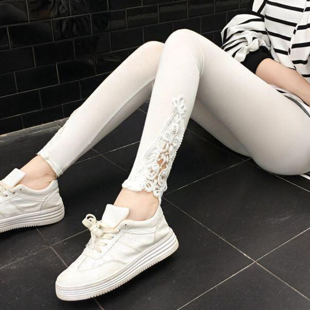 (white, XXXXL) Floral Lace Panel Skinny Leggings, Casual Every Day Stretchy Leggings, Women&apos;s Clothing