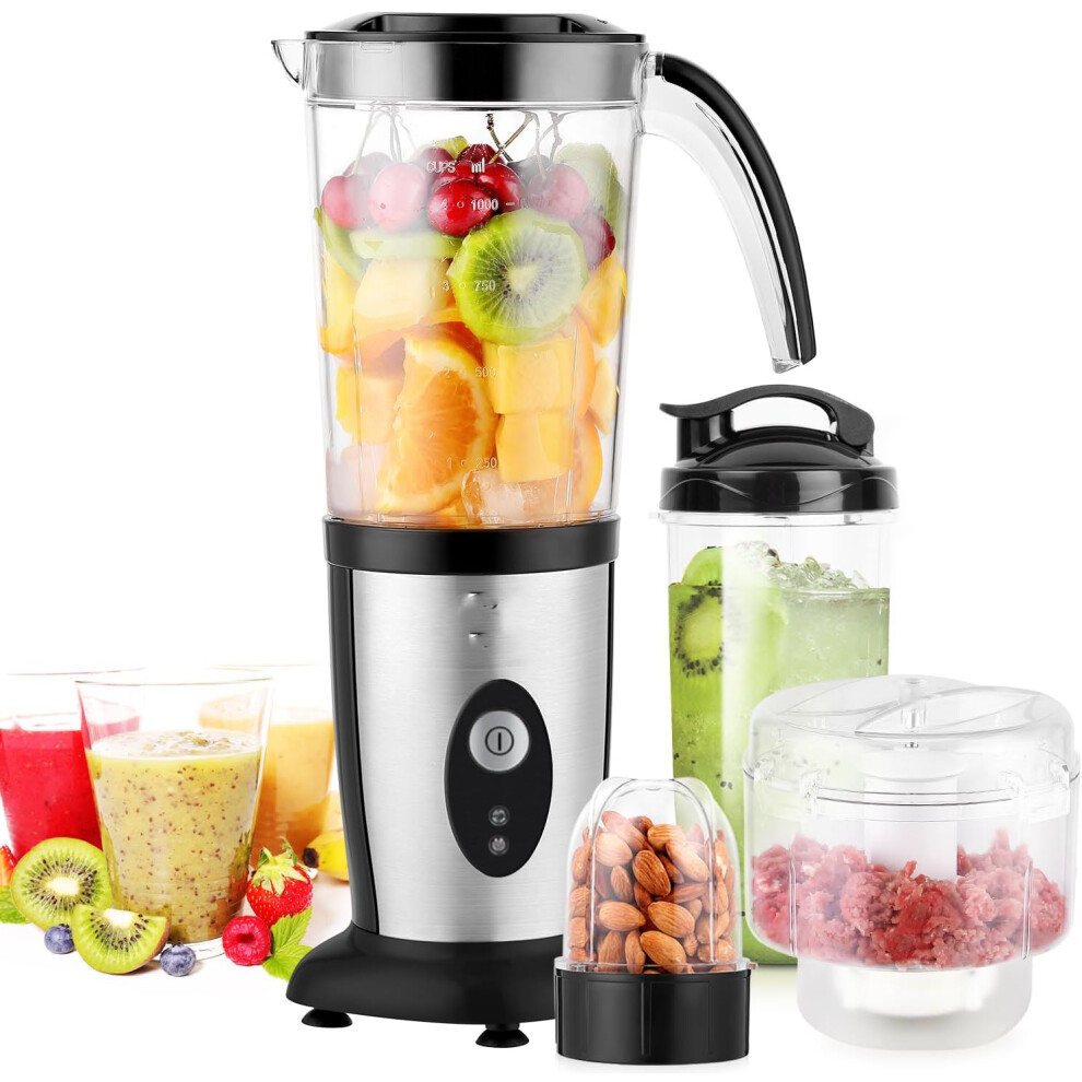 (1.25L-One gear, Silver-1.25l-button) Jug Blenders, 5-in-1 Blender Food Processor, Small Mini Portable Smoothie, Meat Grinder Jug Blenders for Kitchen, Maker for Milkshake,