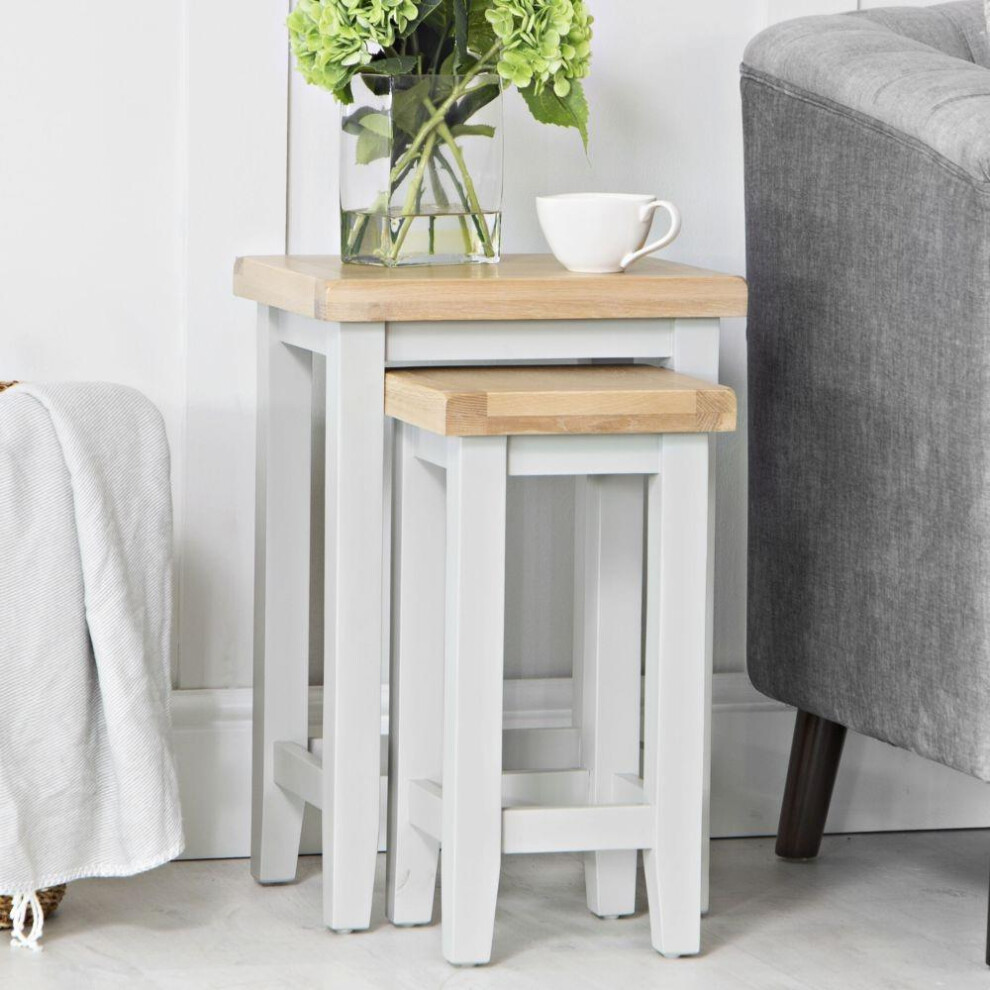 (Grey) Nest 2 Side Lamp Tables Solid Oak Veneer Fully Assembled