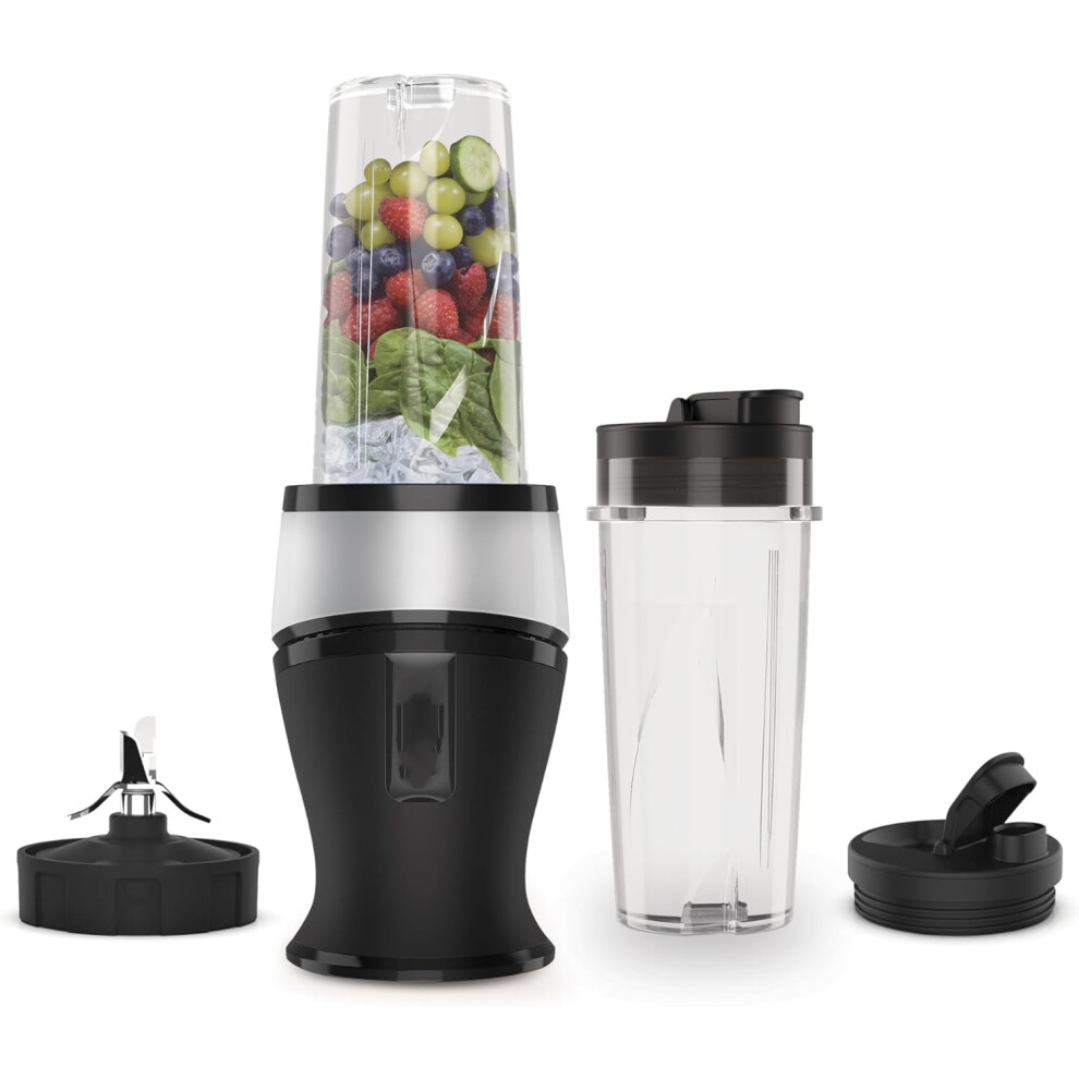(Silver) 700W Slim Blender & Smoothie Maker, 2x 470ml Cups with Spout Lids, Personal Blender, Crush Ice & Frozen Fruit, Silver/Black QB3001UKS