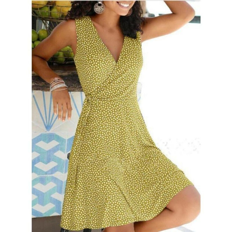 (yellow, 4XL) Summer Women&apos;s Dress Casual Slim Temperament Elegant Printed Tie Sleeveless Dresses