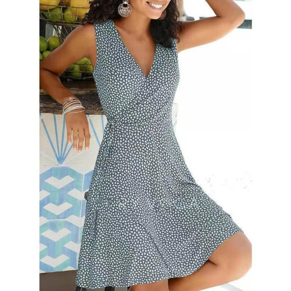 (light grey, XXL) Summer Women&apos;s Dress Casual Slim Temperament Elegant Printed Tie Sleeveless Dresses