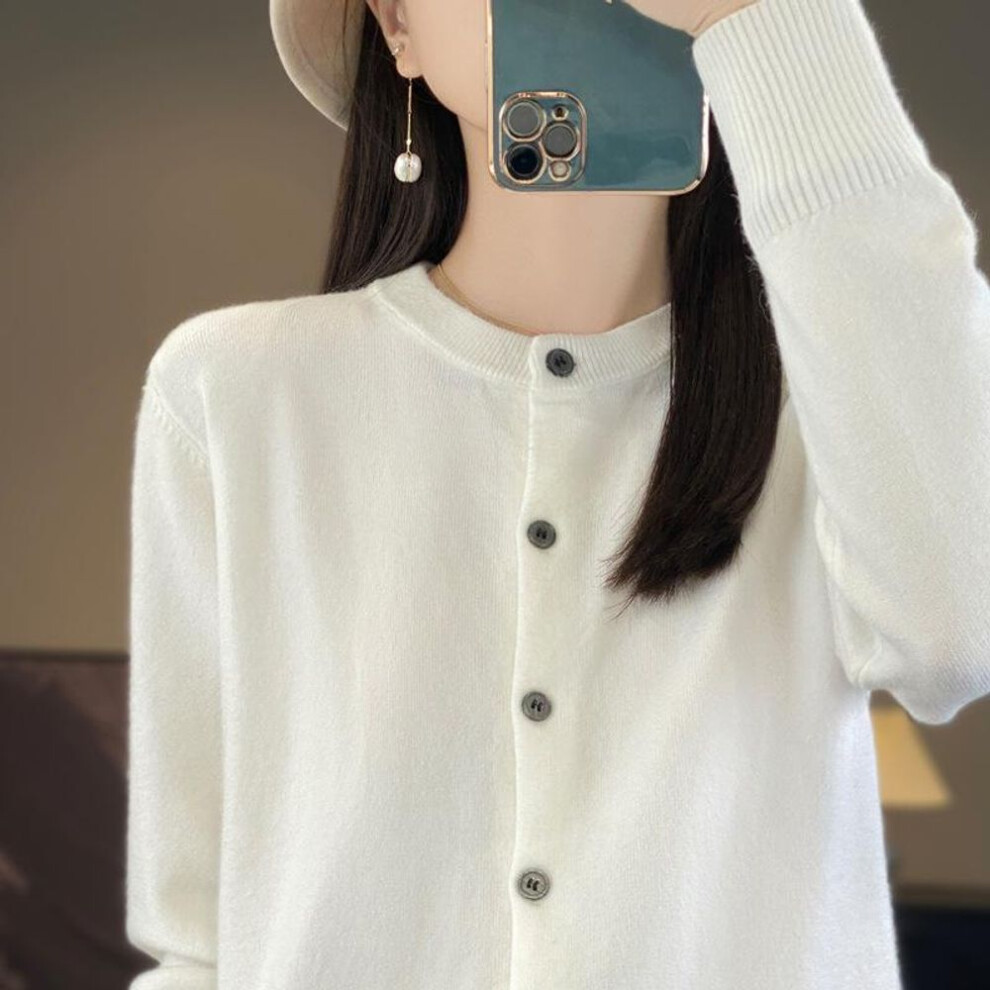(M, white) Spring And Autumn Women&apos;s Cardigan Solid Color Round Neck Single-breasted Knitted Bottoming Women&apos;s Sweater Jacket