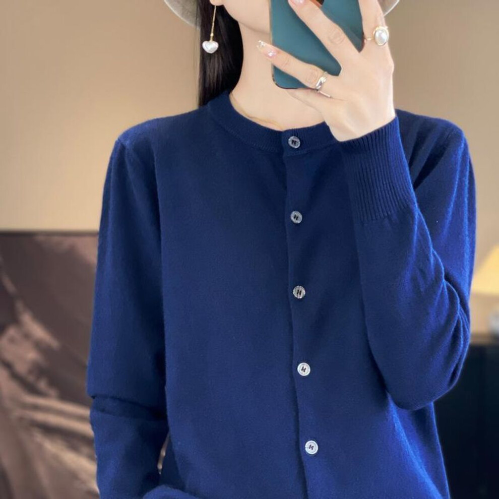 (L, navy blue) Spring And Autumn Women&apos;s Cardigan Solid Color Round Neck Single-breasted Knitted Bottoming Women&apos;s Sweater Jacket