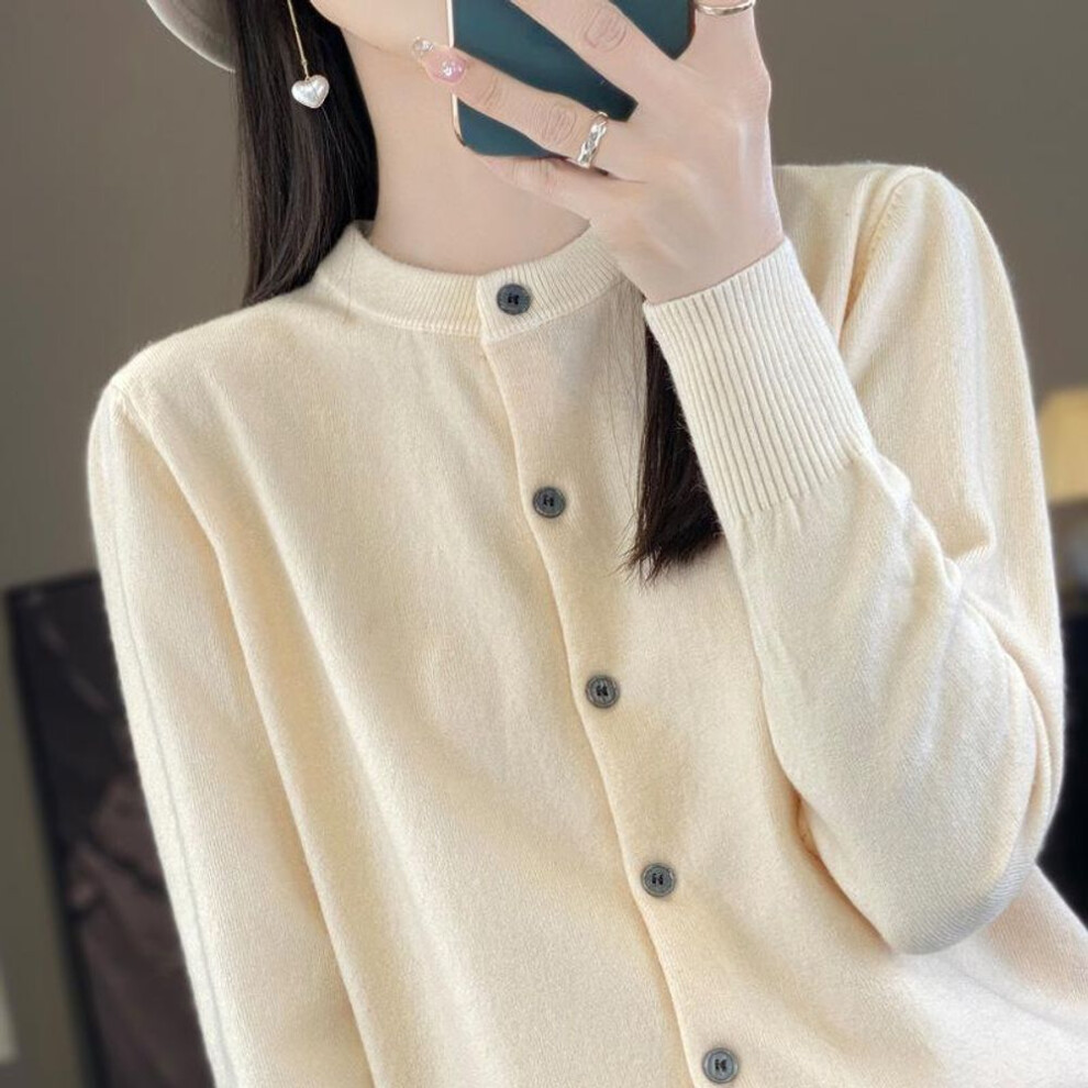 (2XL, beige) Spring and Autumn Women&apos;s Cardigan Solid Color Round Neck Single-breasted Knitted Bottoming Women&apos;s Sweater Jacket