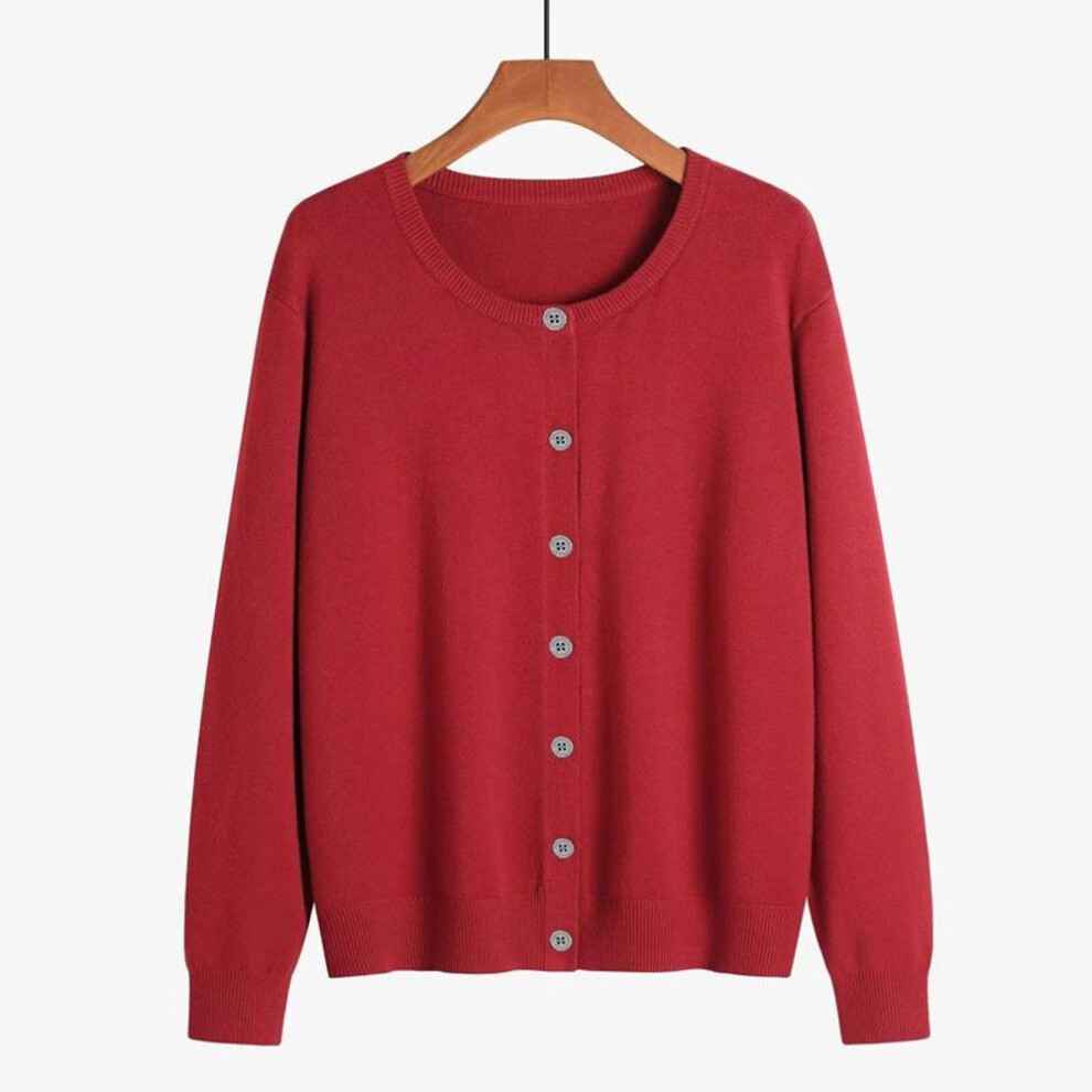 (XL, Rusty red) Spring And Autumn Women's Cardigan Solid Color Round Neck Single-breasted Knitted Bottoming Women's Sweater Jacket