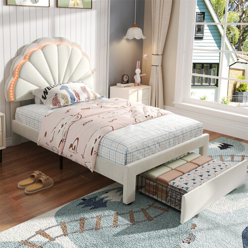(90x190cm) Upholstered Bed, Shell Shape Backrest, Beige