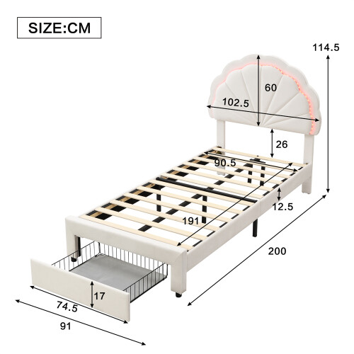 (90x190cm) Upholstered Bed, Shell Shape Backrest, Beige 2