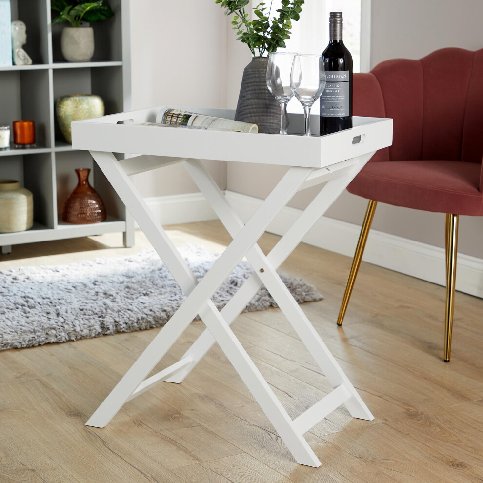 (White) Side Coffee Table Butlers Tray Style Foldable MDF
