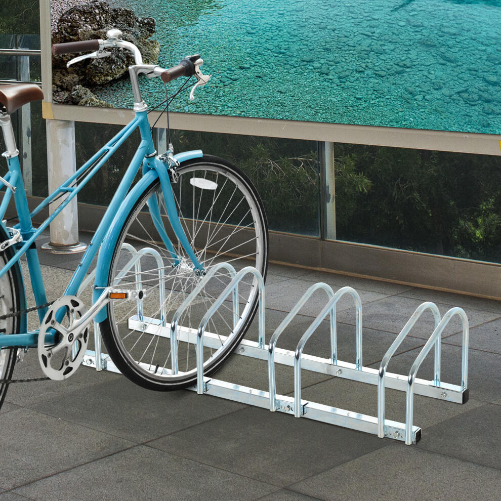 HOMCOM Bike Parking Rack Bicycle Locking Storage Stand for 5 Cycling Silver