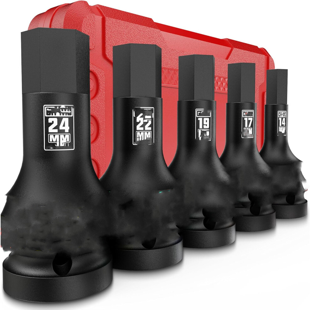 (3/4" HEX) 3/4" Inch Impact Hex Bit Socket Set, 14mm - 24mm, 5 Piece 3/4" Drive Impact Allen Bit Socket Set with Storage Case