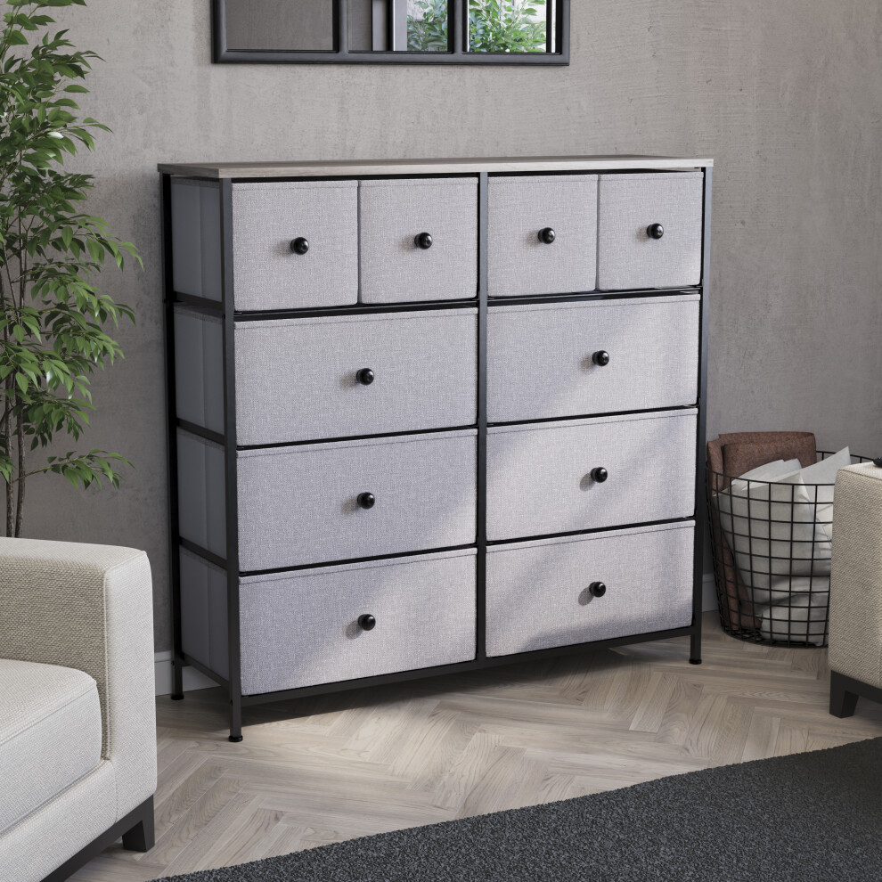 (Beige & Grey Wood) Chorley 10 Fabric Drawer Home Storage Chest