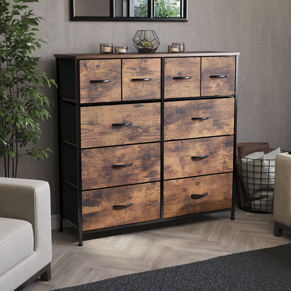 (Rustic Brown) Chorley 10 Fabric Drawer Home Storage Chest
