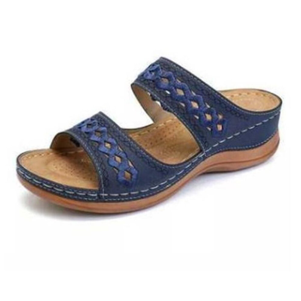 (blue, 38) Women&apos;s Hollow Out Wedge Slide Sandals, Casual Open Toe Soft Sole Slip On Shoes, Lightweight Outdoor Summer Slides for Holiday