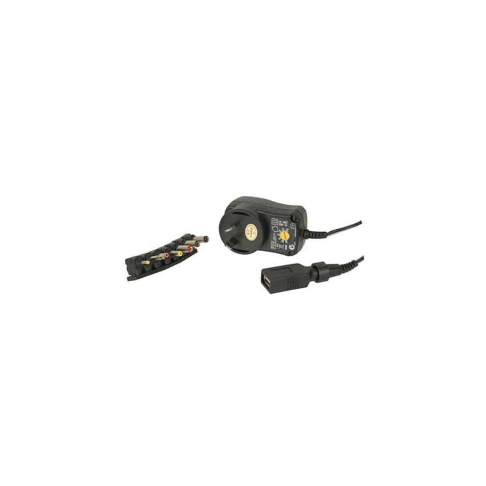 Jaycar Mains Power Adaptor with 7 Plugs and USB (3-12VDC) (7.2W)